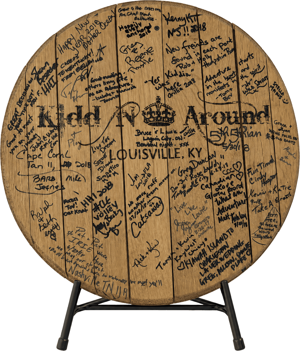 The signed Kidd N Around barrel head from Dustin's 2018 Great Loop, on its display stand
