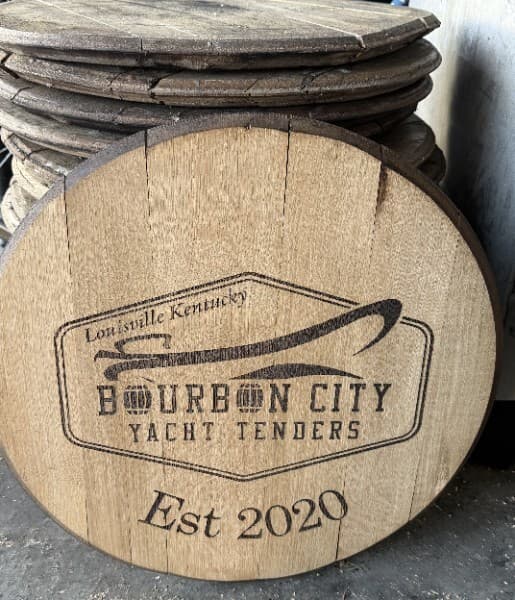 Engraved Bourbon City barrel head