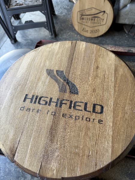 Barrel head engraved with the Highfield logo