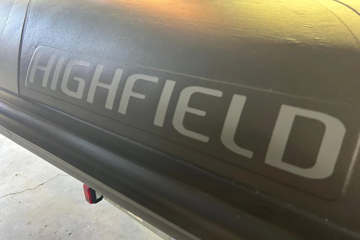 Highfield Sport 360 boat logo, 2025 model, close-up view.