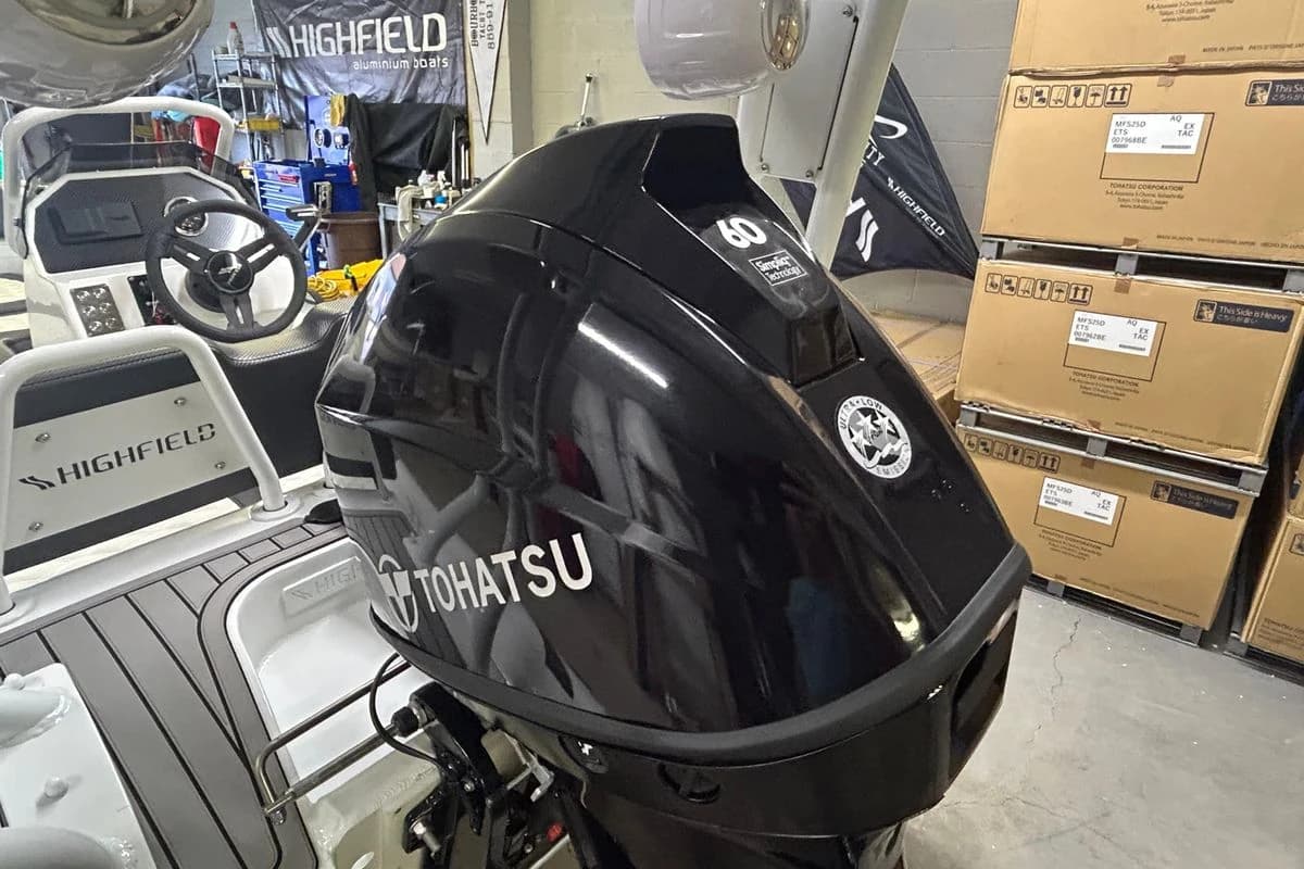 Highfield Sport 390 boat with Tohatsu engine in a workshop, 2025 model.