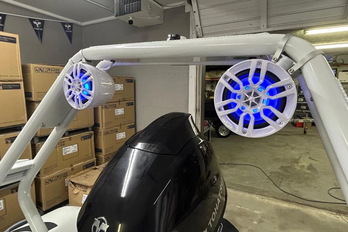 Highfield Sport 390 boat with illuminated speakers, showcasing modern design and technology, 2025 model.